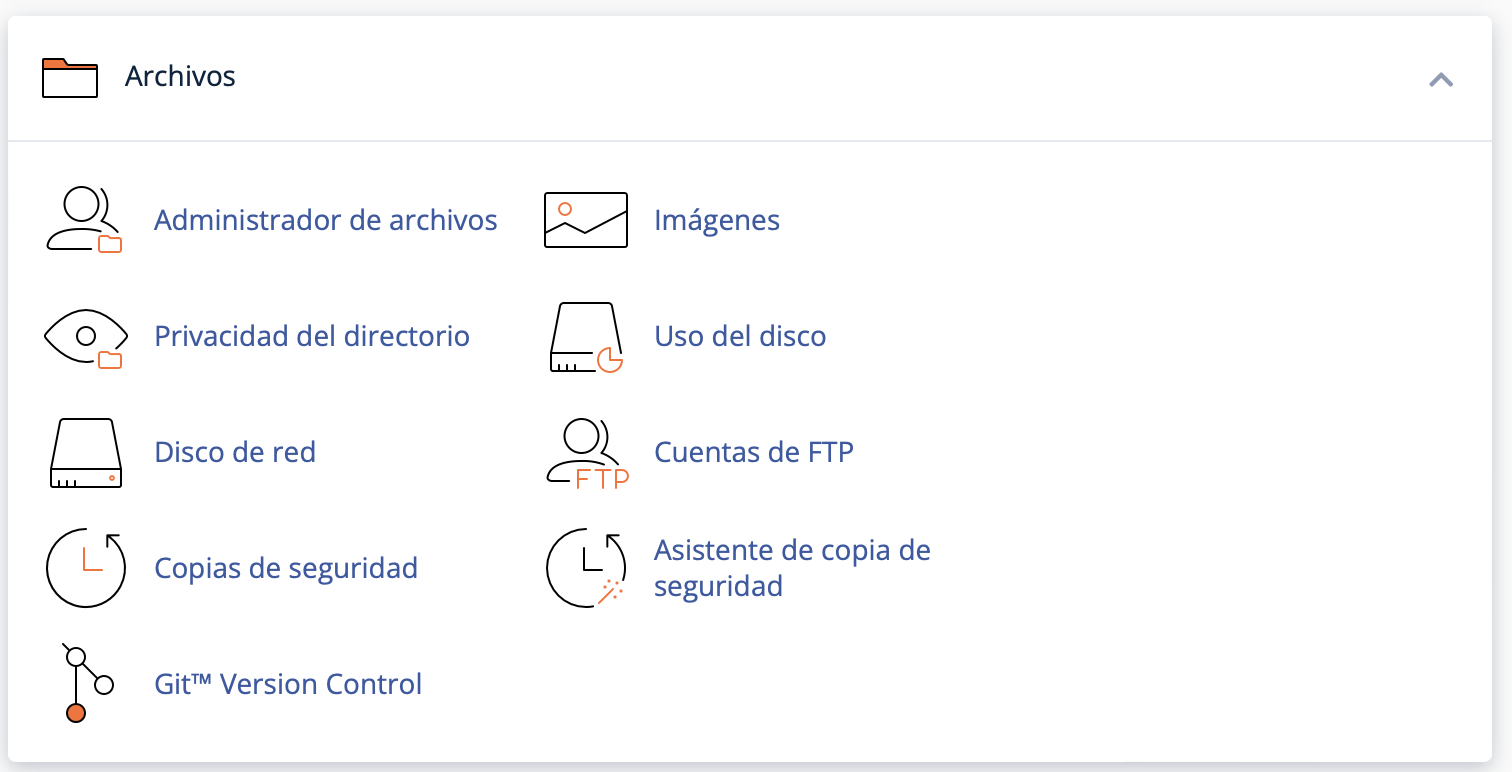 Captura de pantalla de cPanel mostrando la secci&oacute;n Archivos