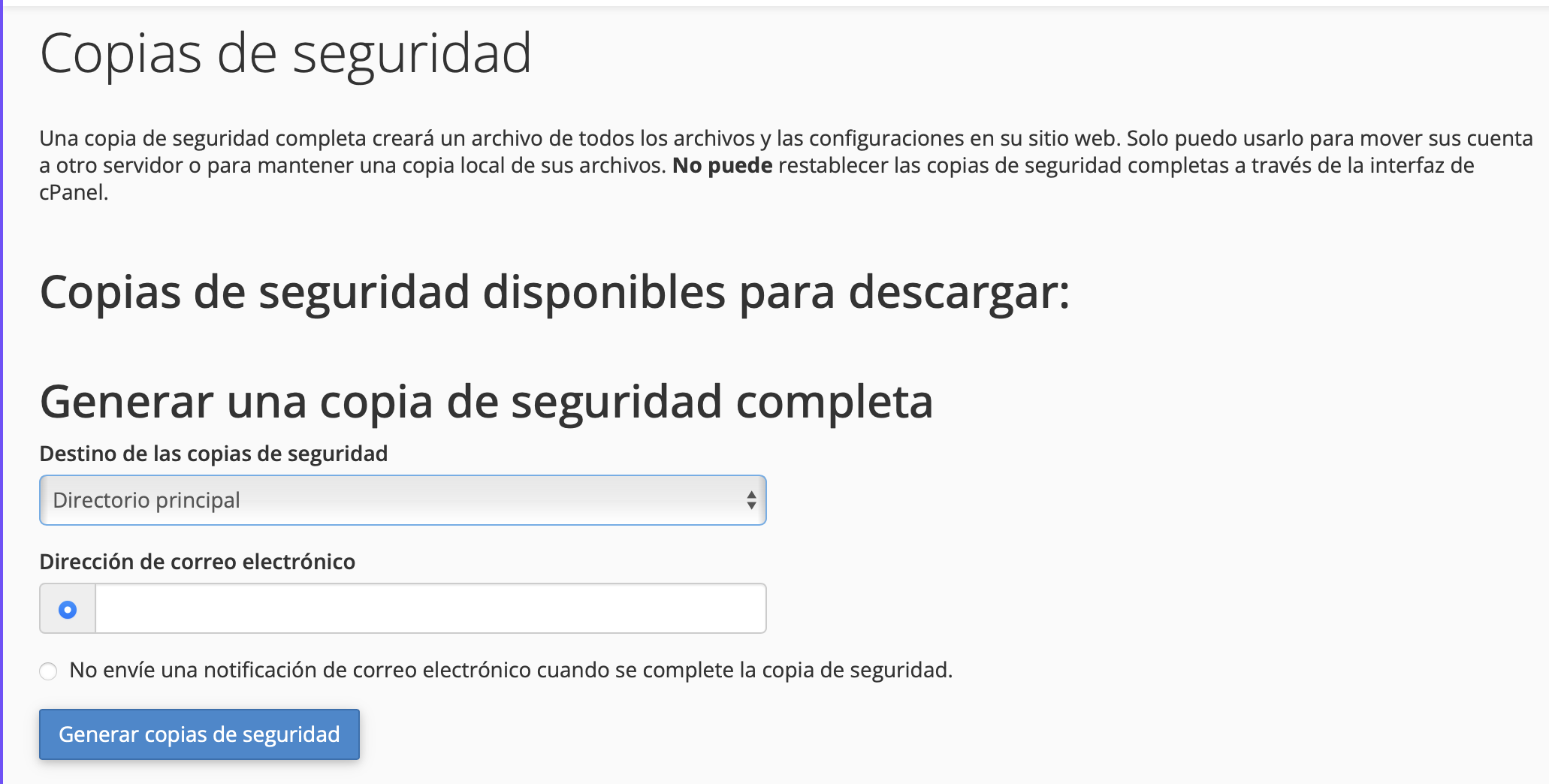 Captura de pantalla de cPanel mostrando el formulario de respaldo completo